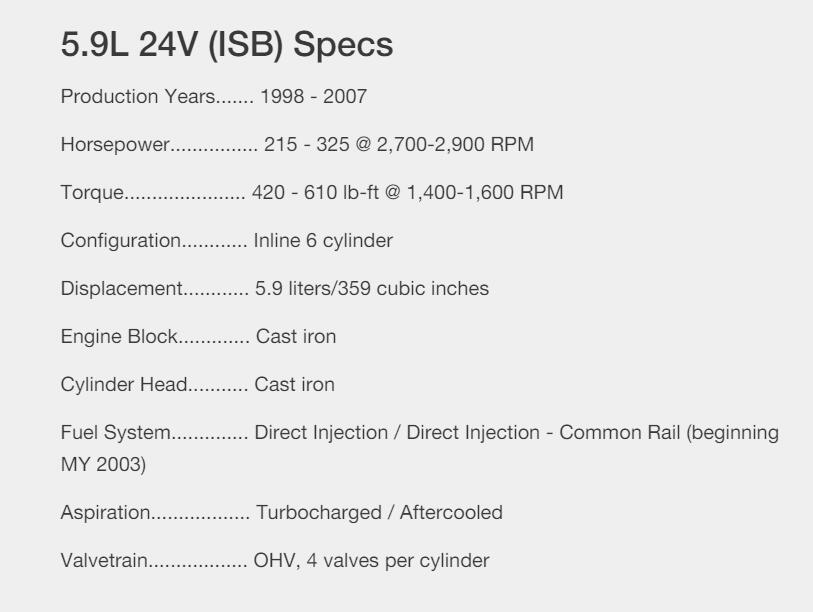 Especificações 5.9L 24V (ISB)