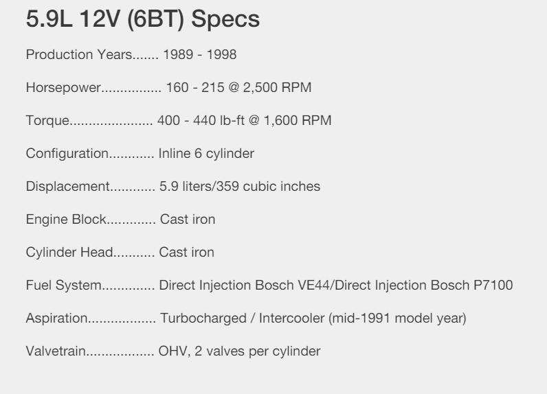 5.9L 12V (6BT) Especificações